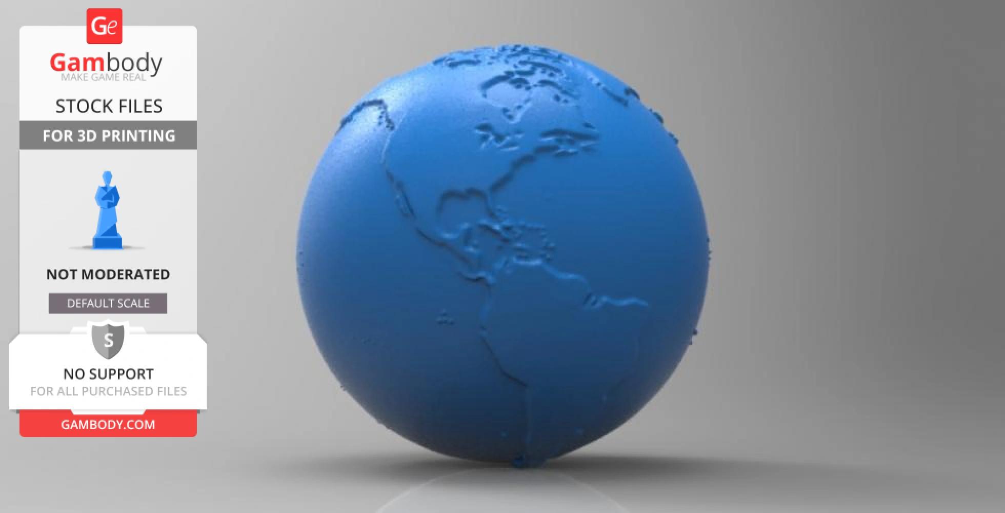 A blue 3D printed model of Earth, showing continents in relief with a smooth background.