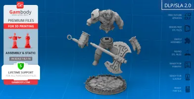 3D model parts of Axe from Dota 2, featuring an axe, armor, and a display base on a blueprint background.