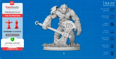 A muscular warrior holding an axe, wearing armor, standing on a base with spiked grass details for 3D printing.