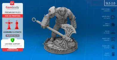 A muscular warrior figurine holding a large axe, designed for 3D printing, based on Dota 2's Axe character.