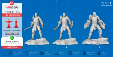 3D models of a muscular warrior with a loincloth and armored arms, ready for 3D printing.