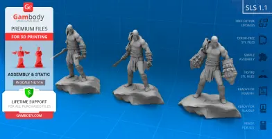 3D model of a muscular warrior with weapons, standing on rock bases, designed for 3D printing.