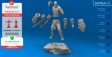 3D model of a warrior figure with armor and weapons, disassembled for 3D printing on a blue grid background.