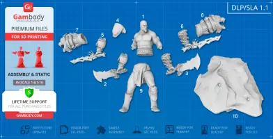 3D printable Kratos model parts on a blue grid, including head, weapons, armor, and base.