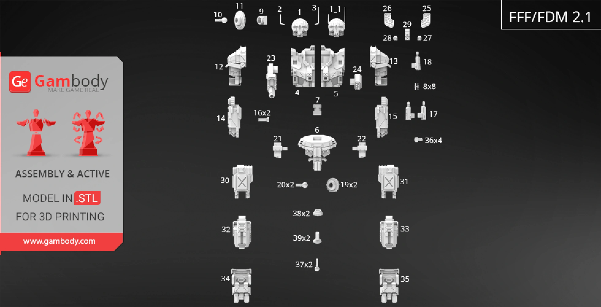 Exploded view of MWO Atlas 3D model parts for printing, with labels and arrangement guide.