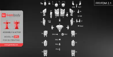 Exploded view of MWO Atlas 3D model parts for printing, with labels and arrangement guide.