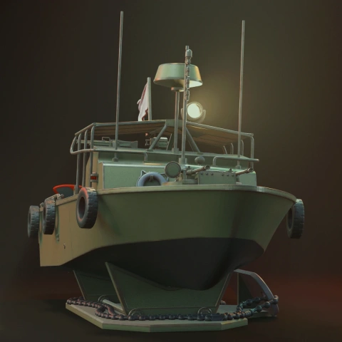 Detailed 3D model of a military patrol boat with antennas and a mounted light on a display stand.