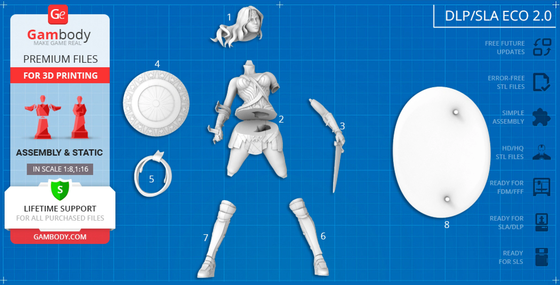 Wonder Woman 3D model parts for printing, including head, torso, legs, shield, and accessories.