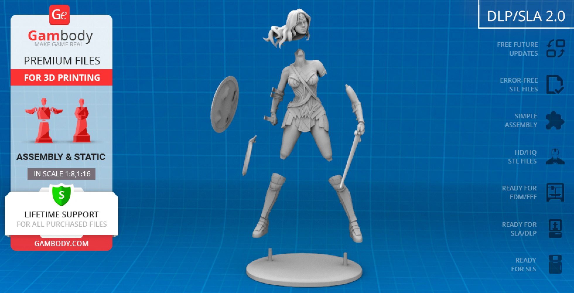 3D printable model of a warrior woman with shield and sword, shown on a grid background for assembly.