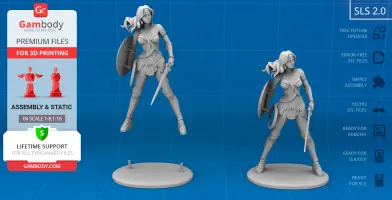 3D model of a warrior woman with shield and sword, ready for 3D printing, on display with features.