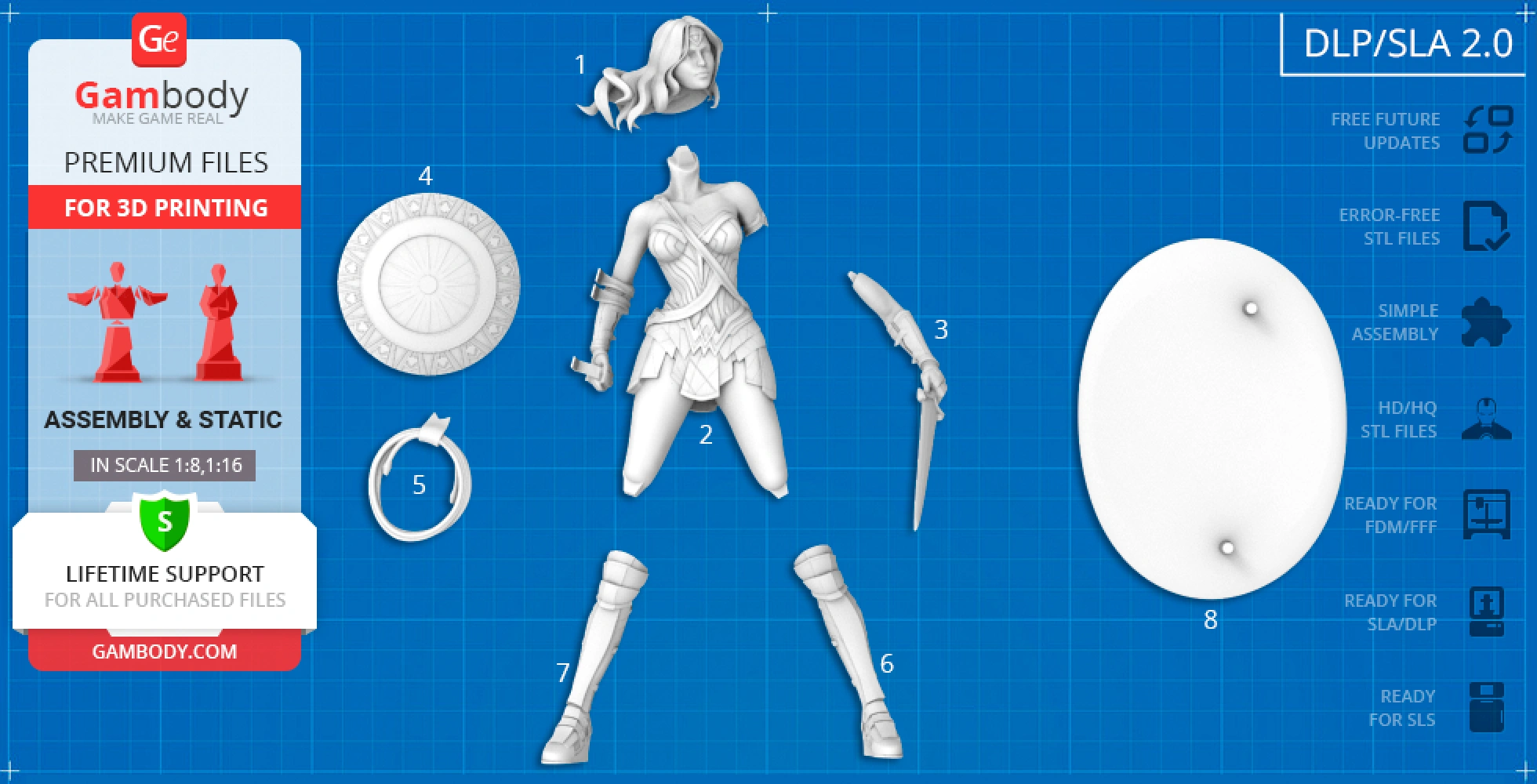 Wonder Woman 3D print parts: head, torso, sword, shield, lasso, legs, foot, and base displayed on a blueprint.