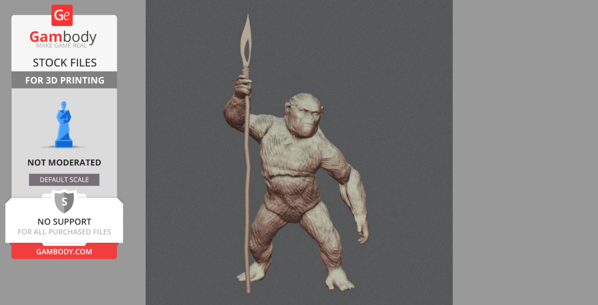 A detailed 3D model of an ape-like creature holding a spear, designed for 3D printing.