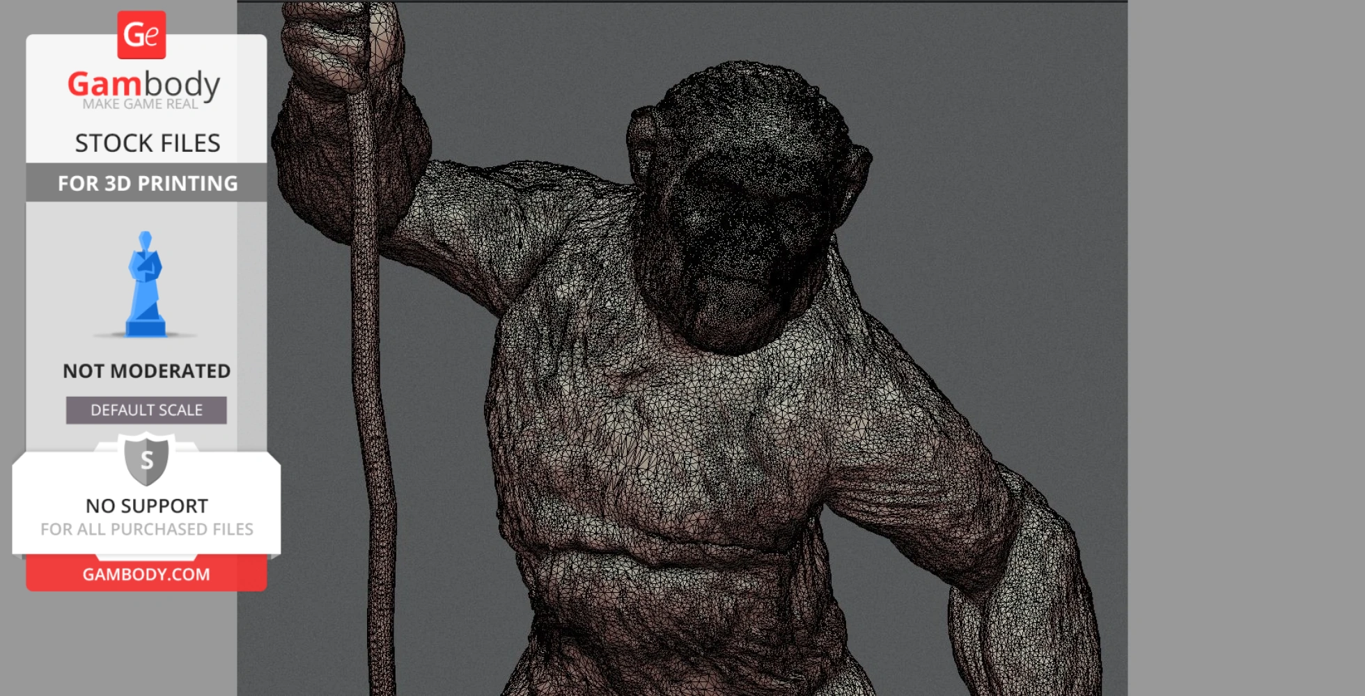 Mesh model of an ape-like figure holding a staff, designed for 3D printing.