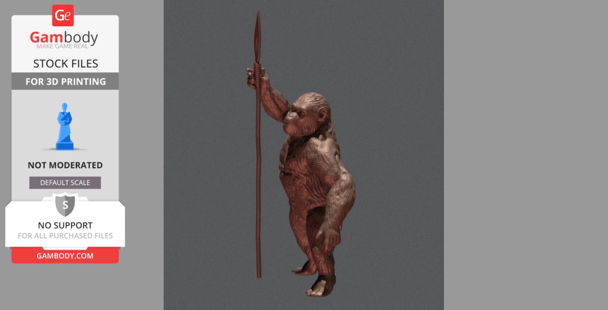 3D model of an ape holding a spear upright, posed on a gray background for 3D printing.