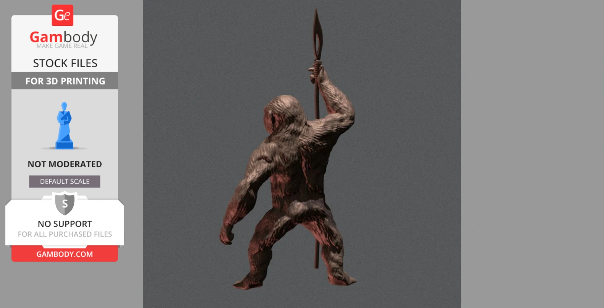 A humanoid ape figure holding a spear, posed dynamically, captured for 3D printing.