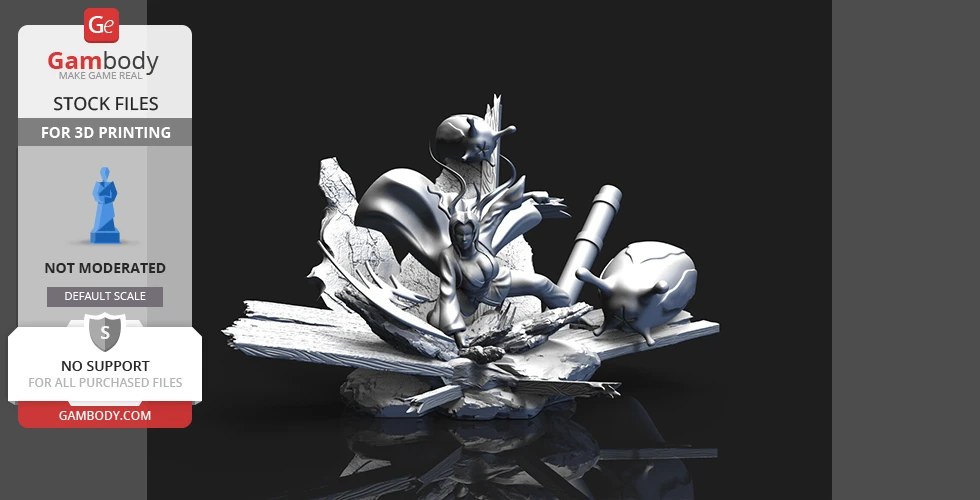 A dynamic 3D model of a character in an action pose amid rubble, designed for 3D printing.