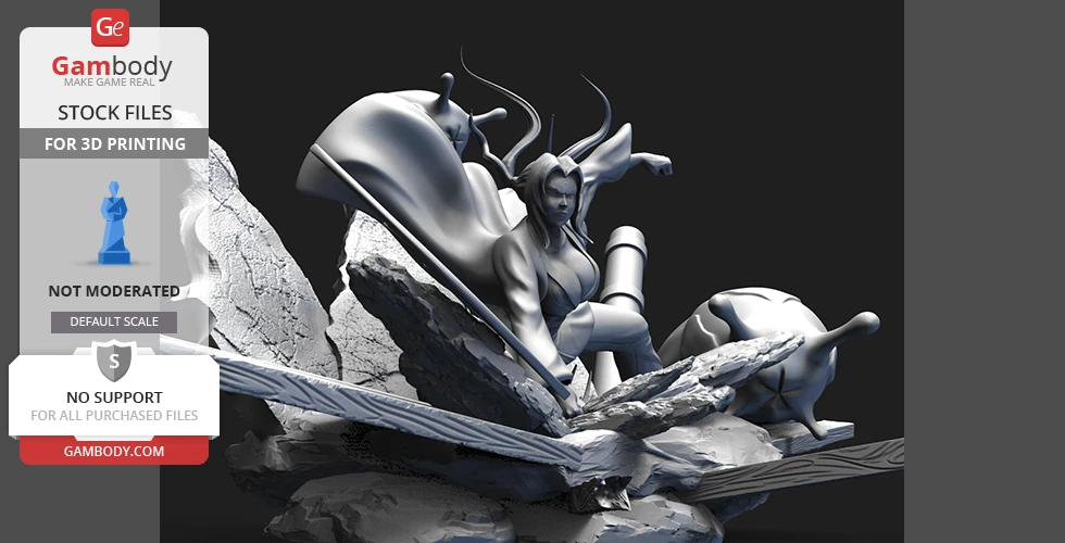 A dynamic 3D model of a fantasy warrior woman with flowing hair, surrounded by rocky terrain and large scrolls.