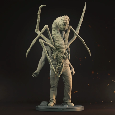 A detailed 3D model of a humanoid with a grotesque, mutated creature emerging from its body.