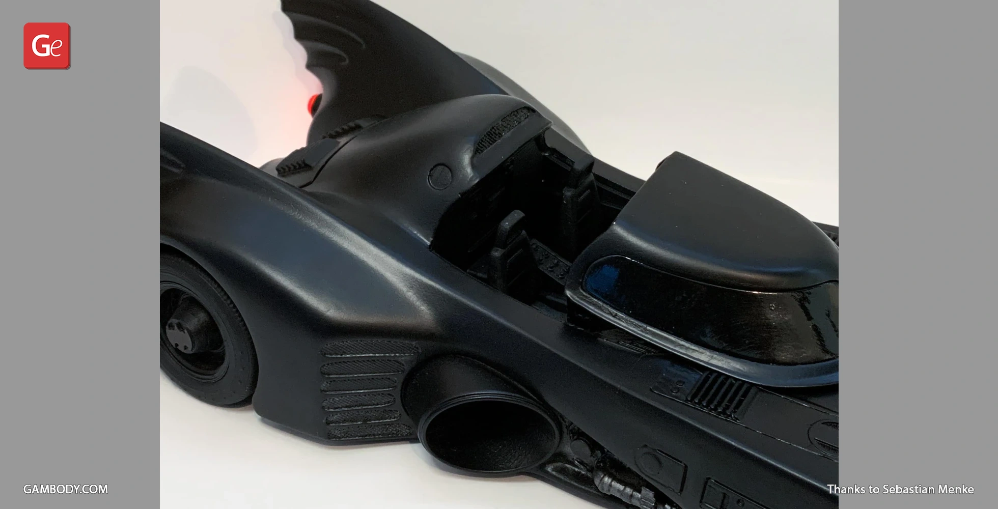 Close-up of a black 1989 Batmobile 3D model featuring detailed curves and iconic design elements.