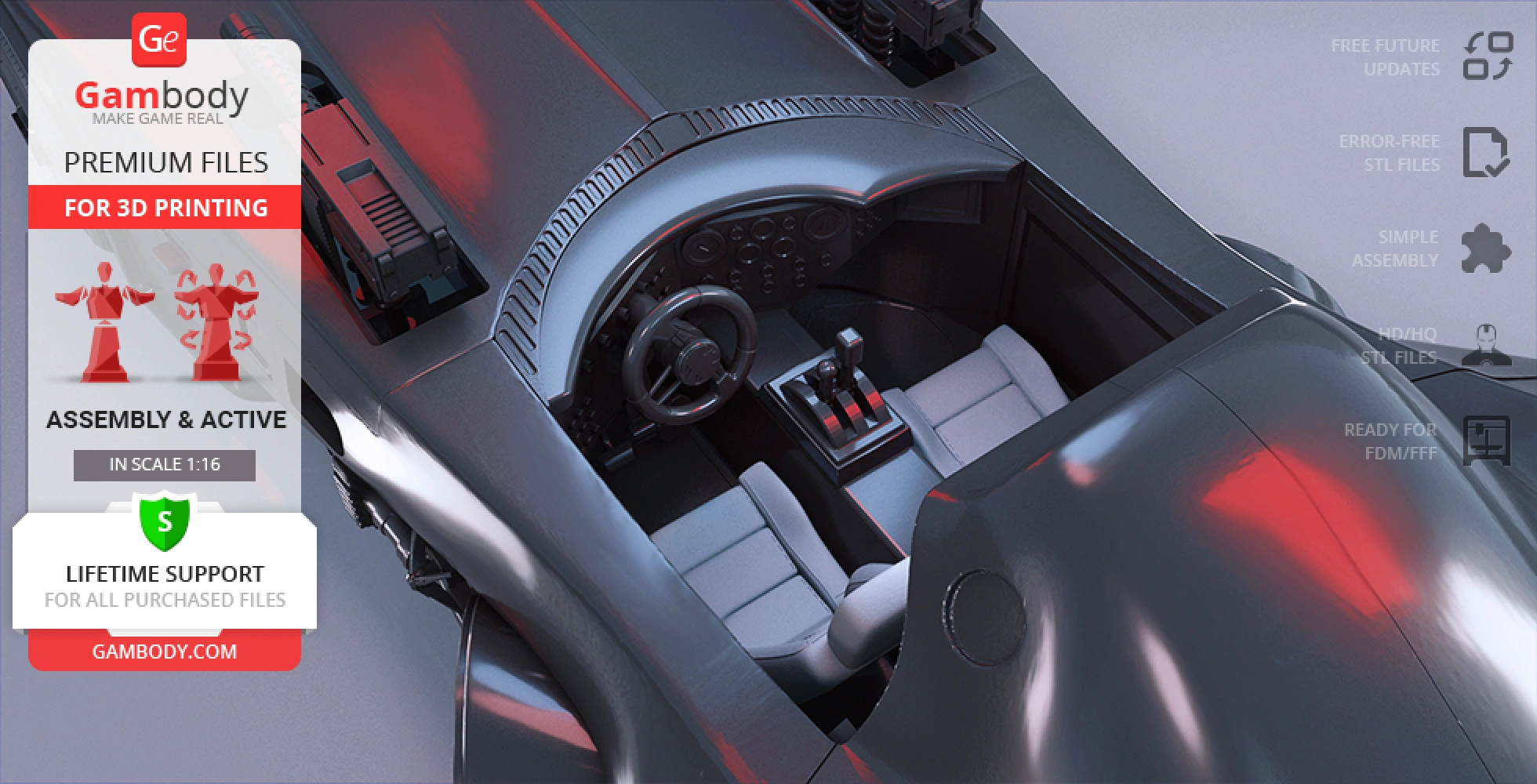 Detailed interior of the 1989 Batmobile model for 3D printing, featuring cockpit and steering.