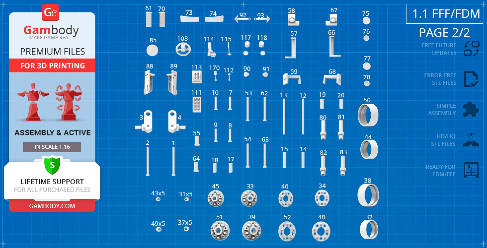 Image of 3D printable parts layout for the 1989 Batmobile, displayed on a blueprint-style background.