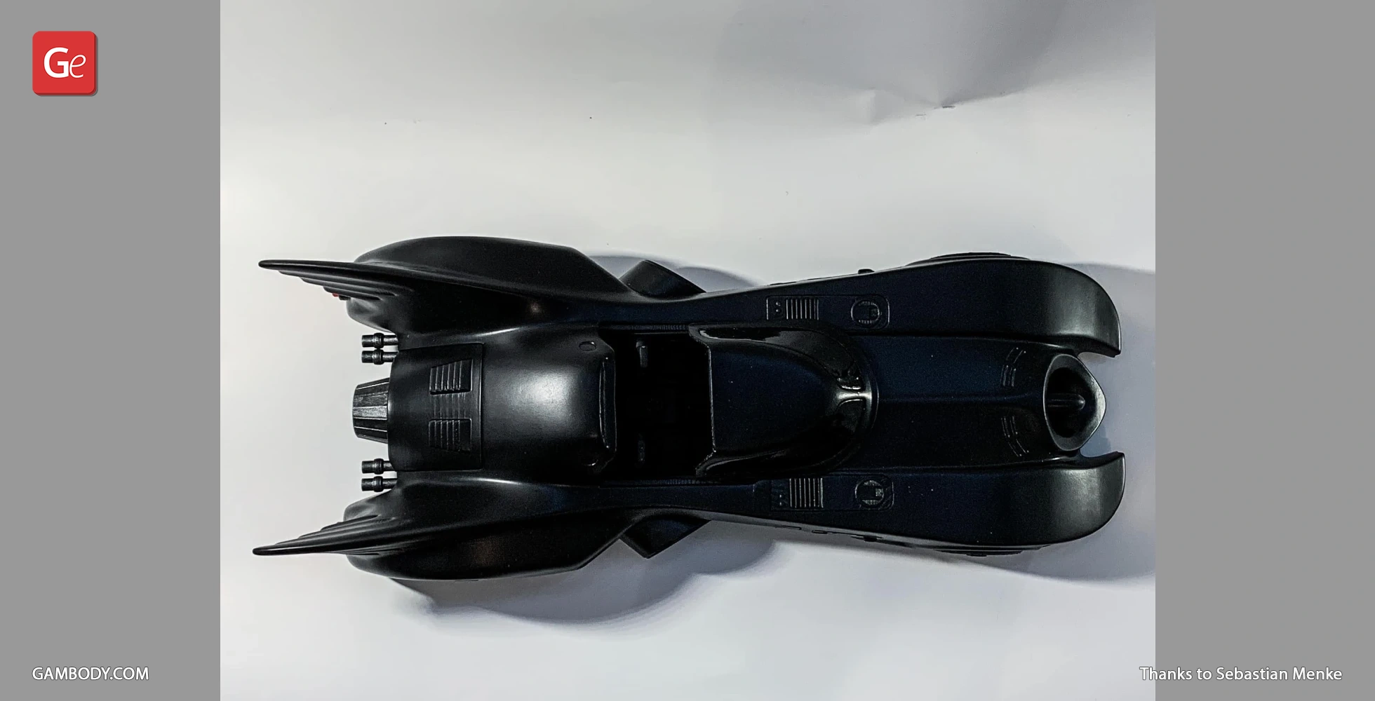 Top view of a black 1989 Batmobile 3D model, designed for 3D printing.