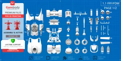 Blueprint-style layout of Batmobile 1989 parts for 3D printing, labeled with component numbers.