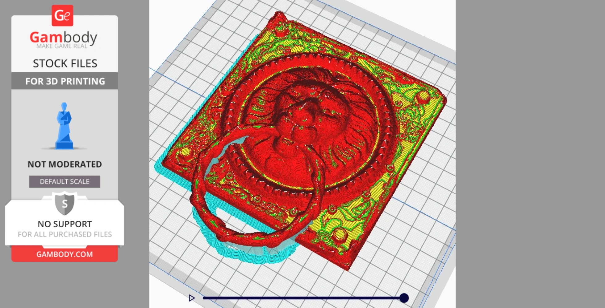 3D model of an ornate door knocker with a lion's head design and circular ring on a grid background.