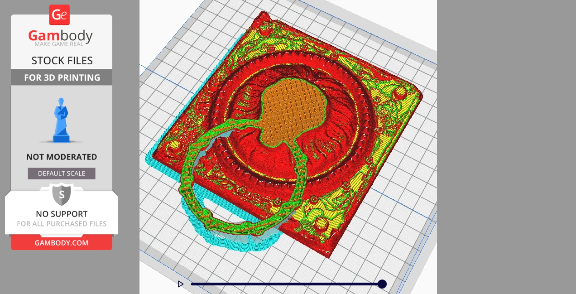 Ornate door knocker design with intricate patterns, displayed in a 3D printing software.