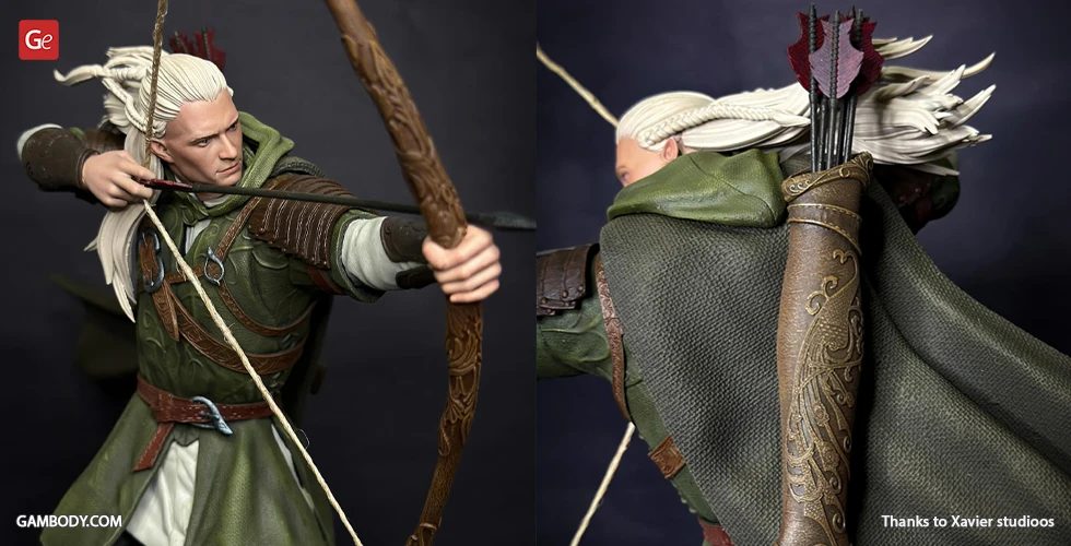 An elf archer with a bow and arrow, wearing green attire and a quiver with arrows on his back.