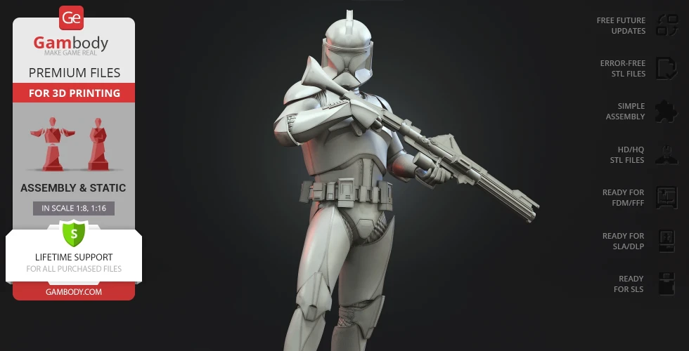 3D model of a Clone Trooper holding a rifle, ready for 3D printing with various scale options.