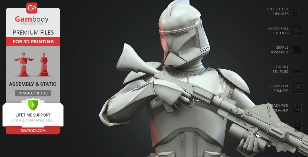 3D model of a Clone Trooper in armor, aiming a blaster, showcased for 3D printing from Gambody.