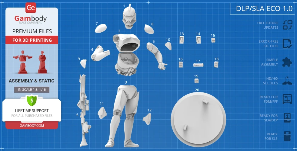 Clone Trooper 3D model parts laid out on blueprint for assembly and printing.