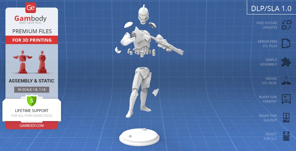 3D model of a Clone Trooper in parts, posed for printing, displayed on a blue grid background.