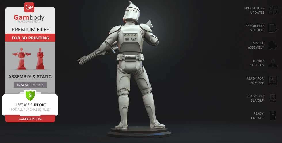 3D model of a Clone Trooper in armor on a display stand, shown from the back, ready for 3D printing.