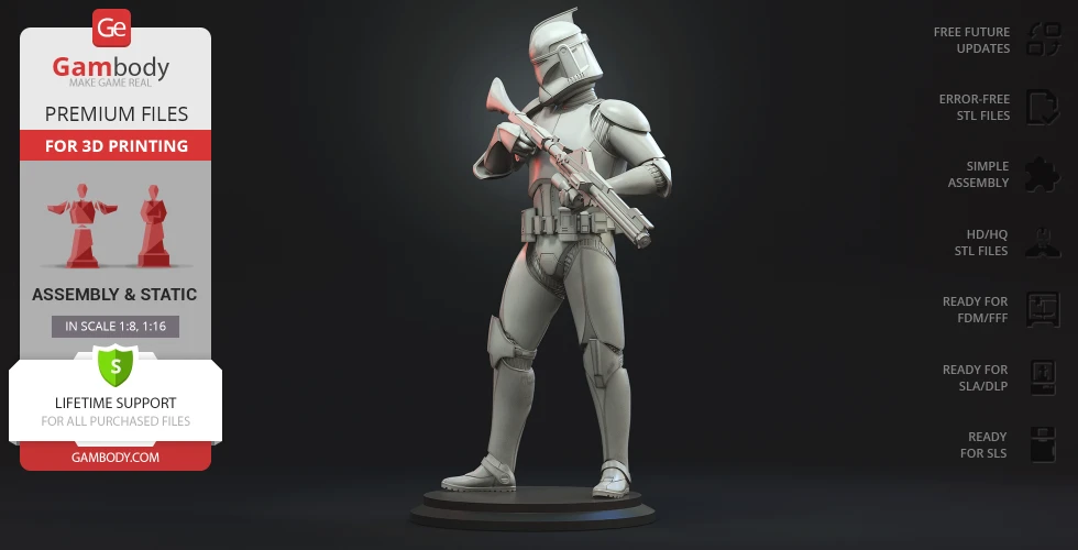 A detailed 3D model of a Clone Trooper in armor holding a blaster, suitable for 3D printing.