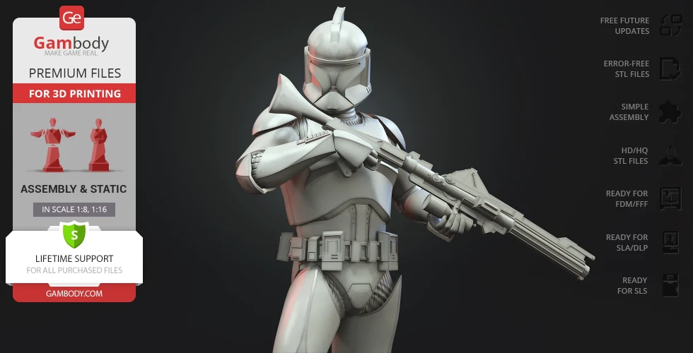 3D model of a Clone Trooper holding a blaster, ready for 3D printing from Gambody.