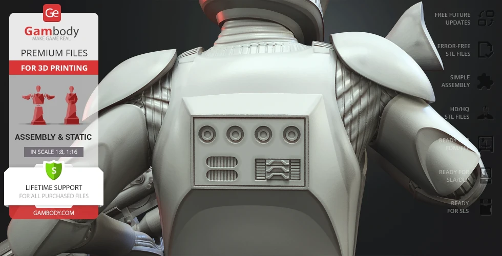 Back view of detailed Clone Trooper armor for 3D printing, with focus on tech panel on the back.