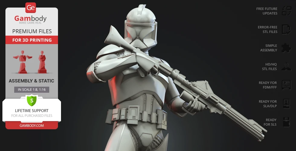 A detailed 3D model of a Clone Trooper, ready for 3D printing, holding a blaster rifle.