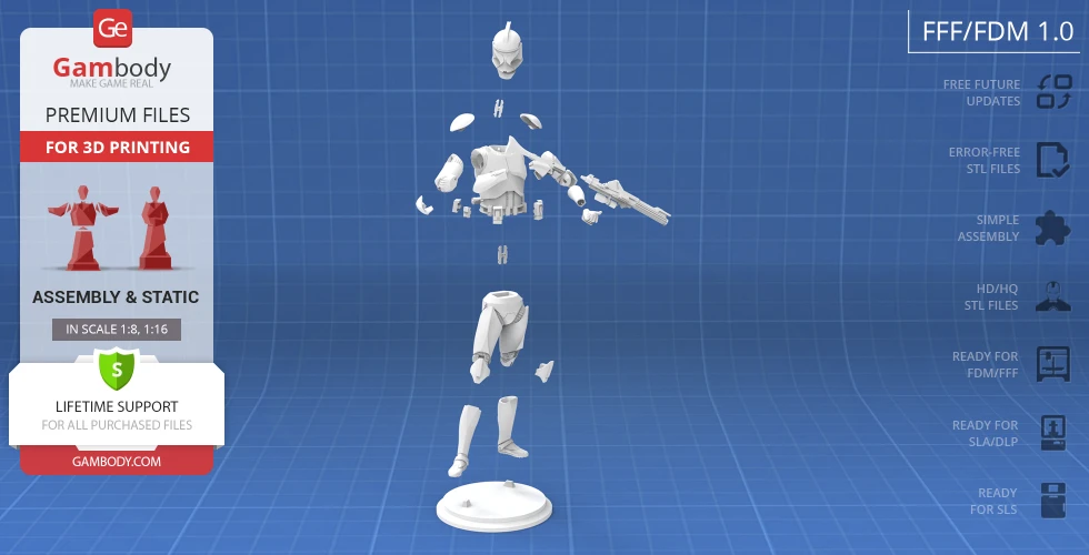 A disassembled 3D model of a Clone Trooper, showing various parts ready for assembly and printing.