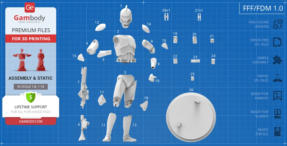 Exploded view of a Clone Trooper 3D model for printing, showing individual parts and assembly guide.