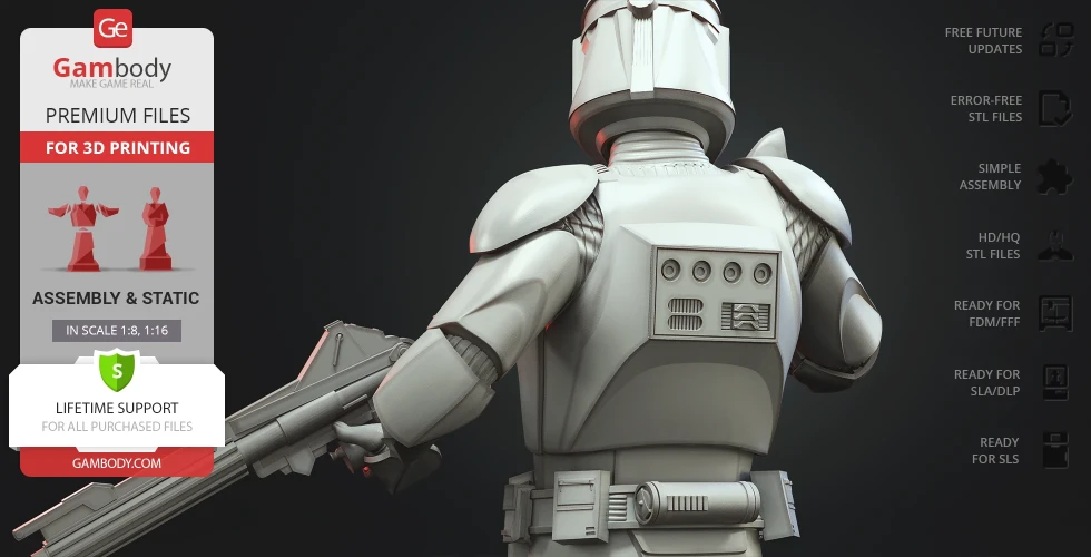 3D model of a Clone Trooper for printing, shown from the back with detailed armor and weapon on display.