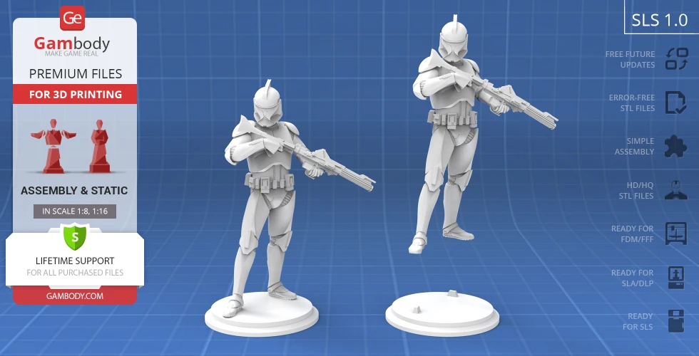 3D model of a Clone Trooper aiming a weapon, ready for 3D printing with assembly options.