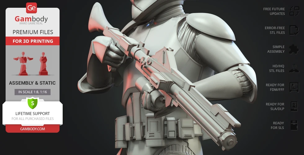 Clone Trooper 3D model holding a blaster, showcasing intricate armor details for 3D printing.