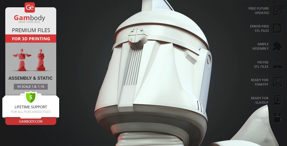 A detailed 3D model of a Clone Trooper helmet for 3D printing, shown with Gambody's branding.