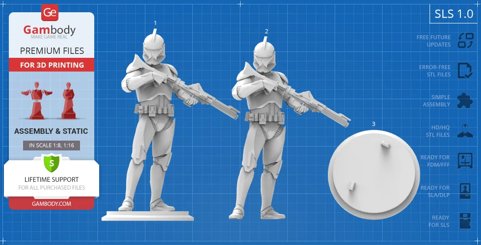 3D printable model of a Clone Trooper in armor, holding a rifle, with a display base.