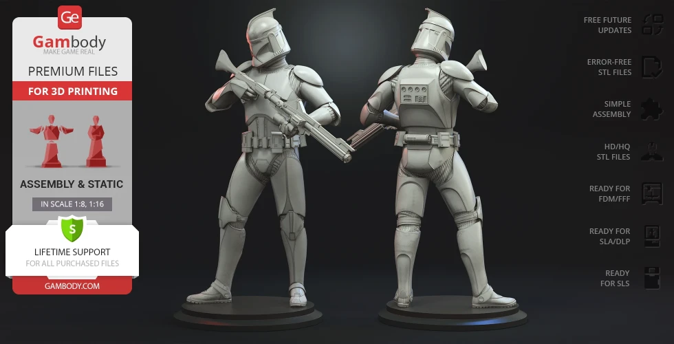 3D model of a Clone Trooper, front and back views, ready for 3D printing with STL files.