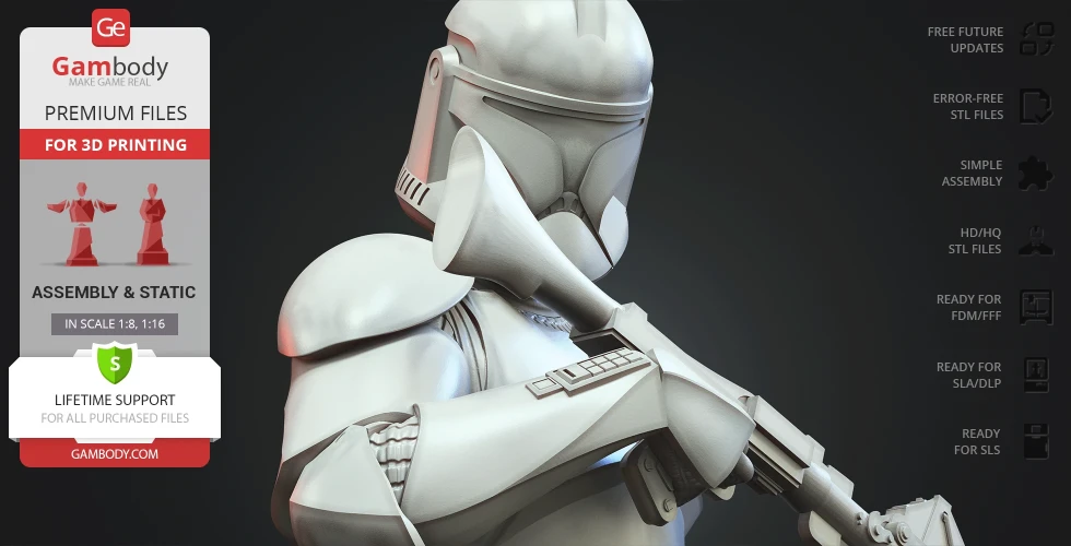 A 3D model of a Clone Trooper in armor, holding a blaster, ready for 3D printing.