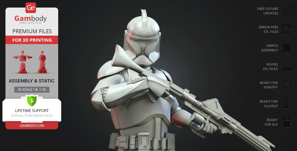 Armored Clone Trooper 3D model holding a rifle, designed for 3D printing.