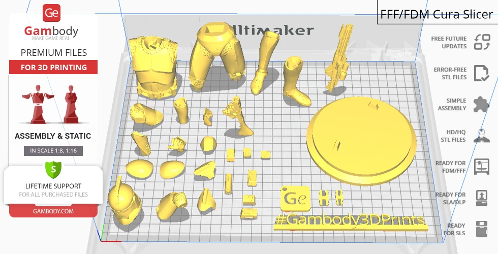 3D printable Clone Trooper parts arranged on a grid, ready for assembly, shown in slicing software.